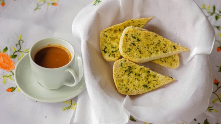 coffee and sliced herbed bread