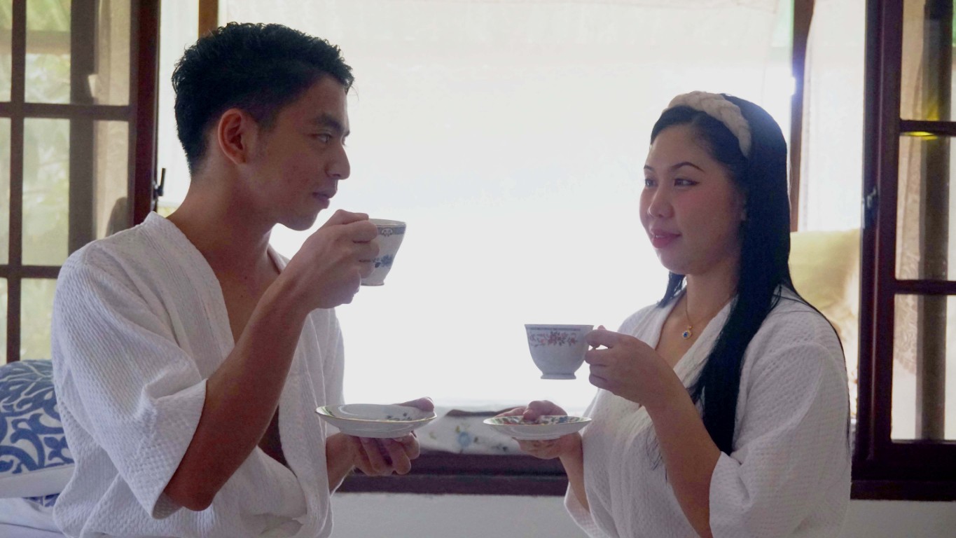 couple drinking tea after a massage